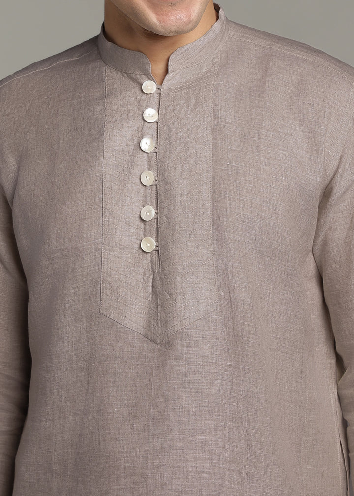 Taj - Pure Linen Long Kurta with Yolk Stitch Detail and Mother Of Pearl Buttons - Fawn Brown
