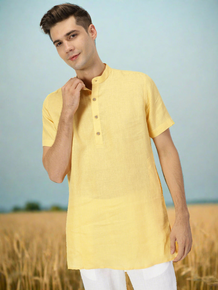 Ashok - Half Sleeve Mandarin Collar Pure Linen Short Kurta - Spectra Yellow