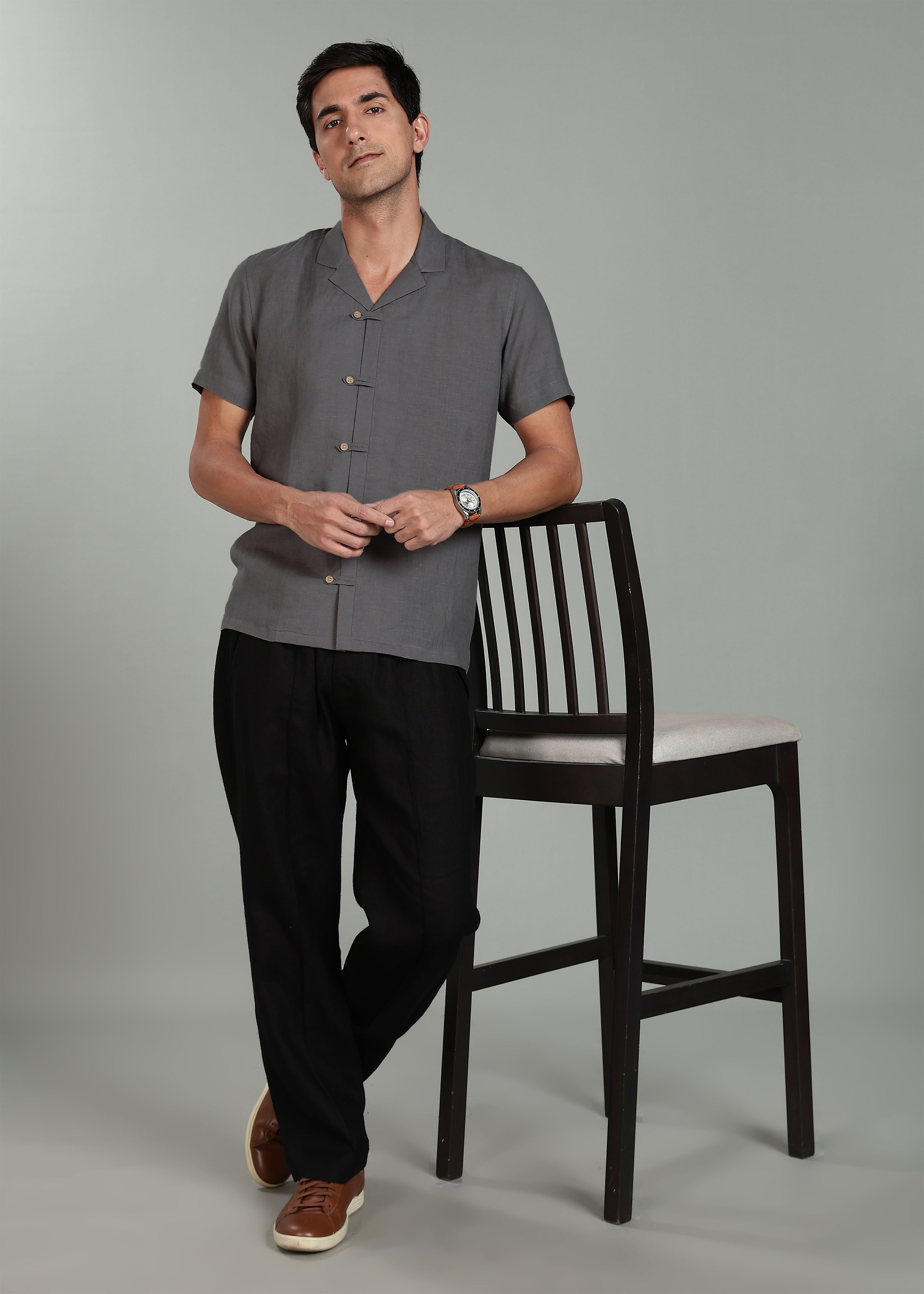 Charcoal Grey Cuban Collar Pure Linen Half Sleeve Shirt with
