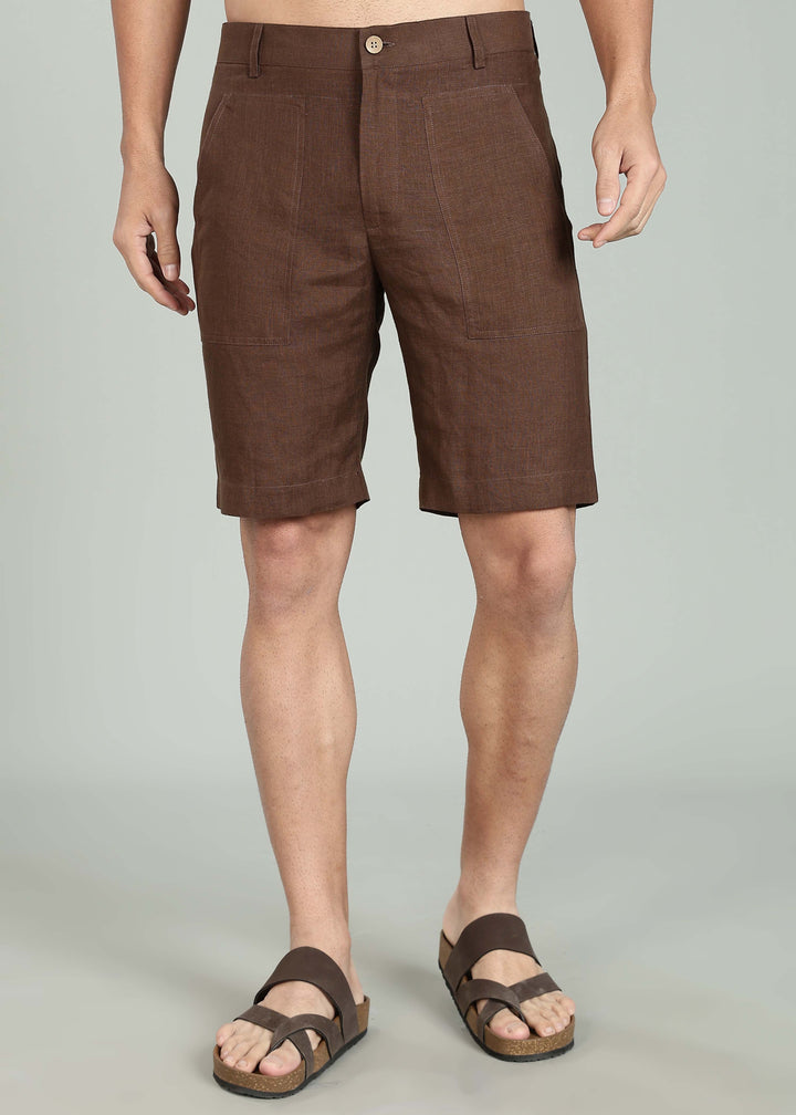 Noel Shorts - Pure Linen Shorts with Patch Pocket - Coffee Brown
