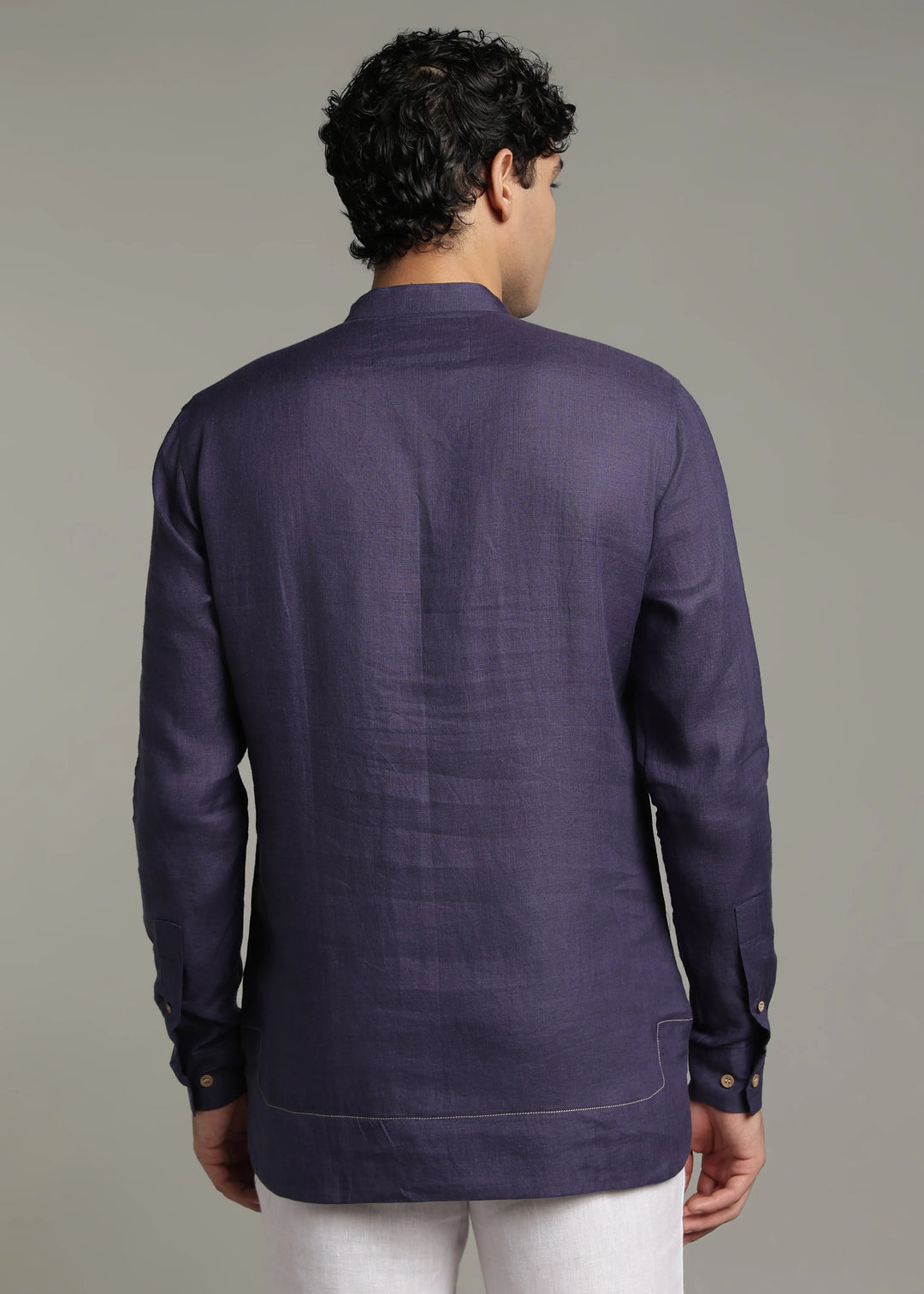 Saif - Pure Linen Full Sleeve Short Kurta with Hem Stitch Detail - Lapis Violet
