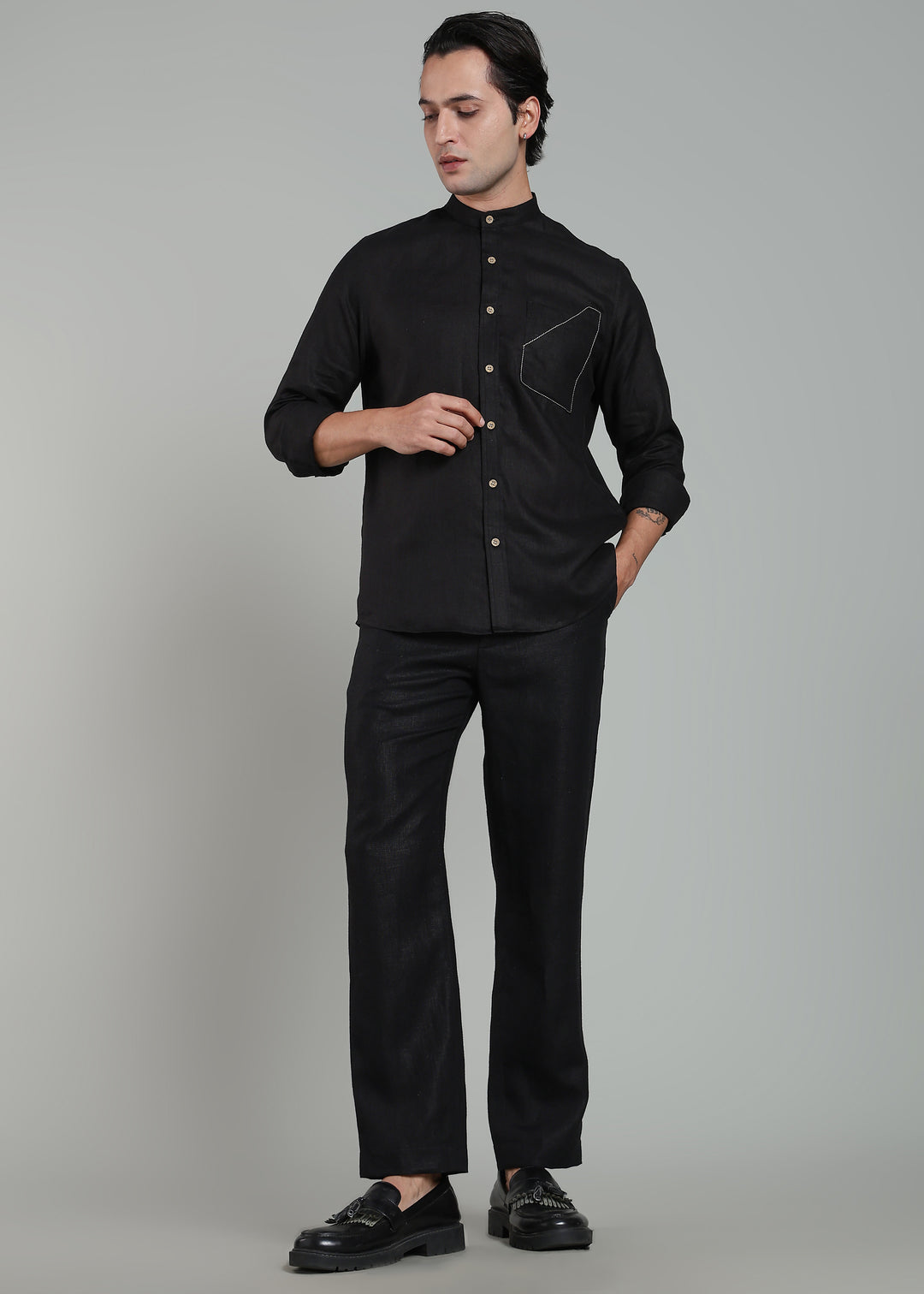 Noir - Pure Linen Full-Sleeve Shirt with Utilitarian Pocket Detail - Black
