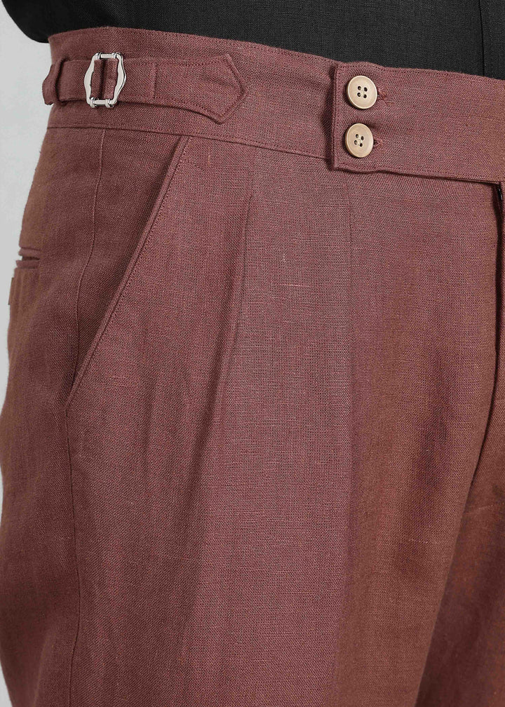 Wes Pants - Pure Linen Pleated Trousers with Adjustable Waistband - Amber Brown