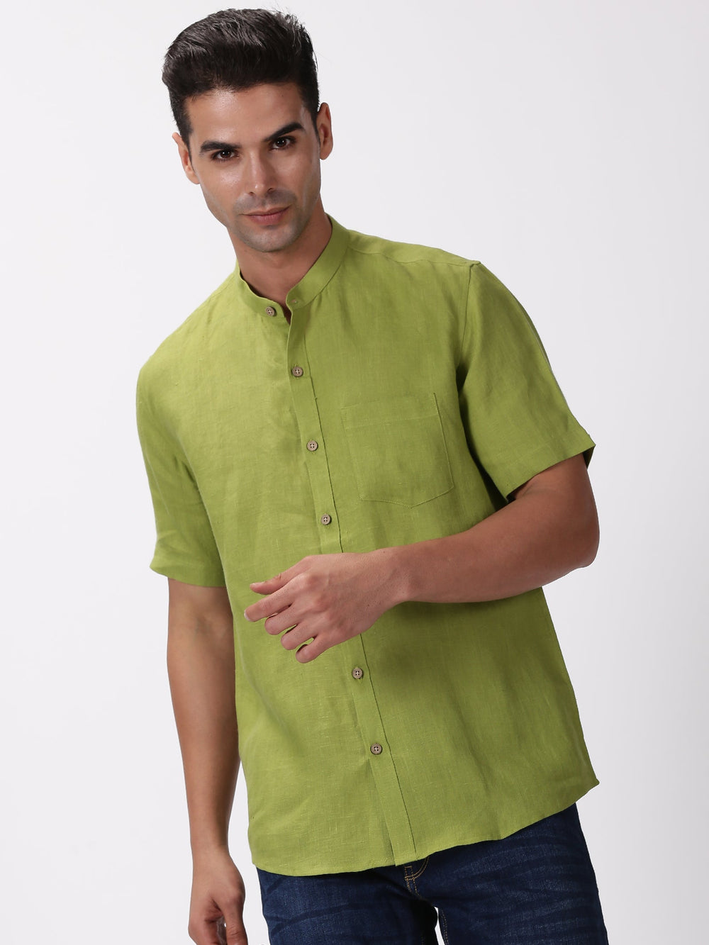 Enzo - Pure Linen Mandarin Collar Half Sleeve Shirt - Peridot Green | Rescue
