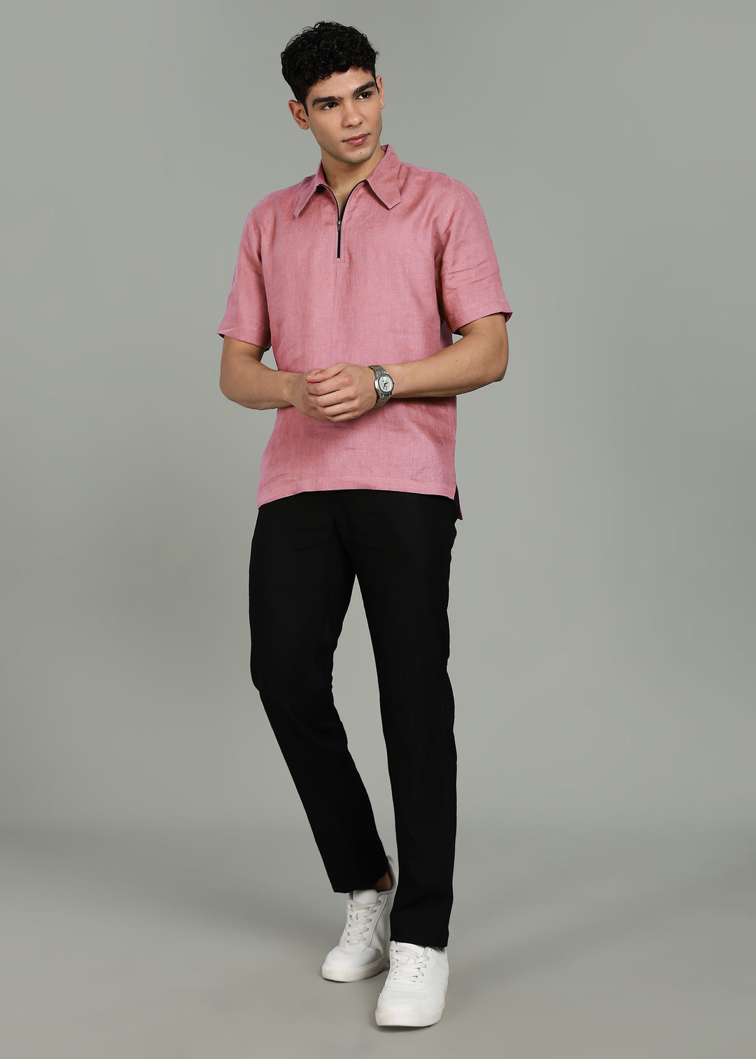 Aero - Pure Linen Front Zipper T-Shirt with Stylized Collar - Dusty Pink