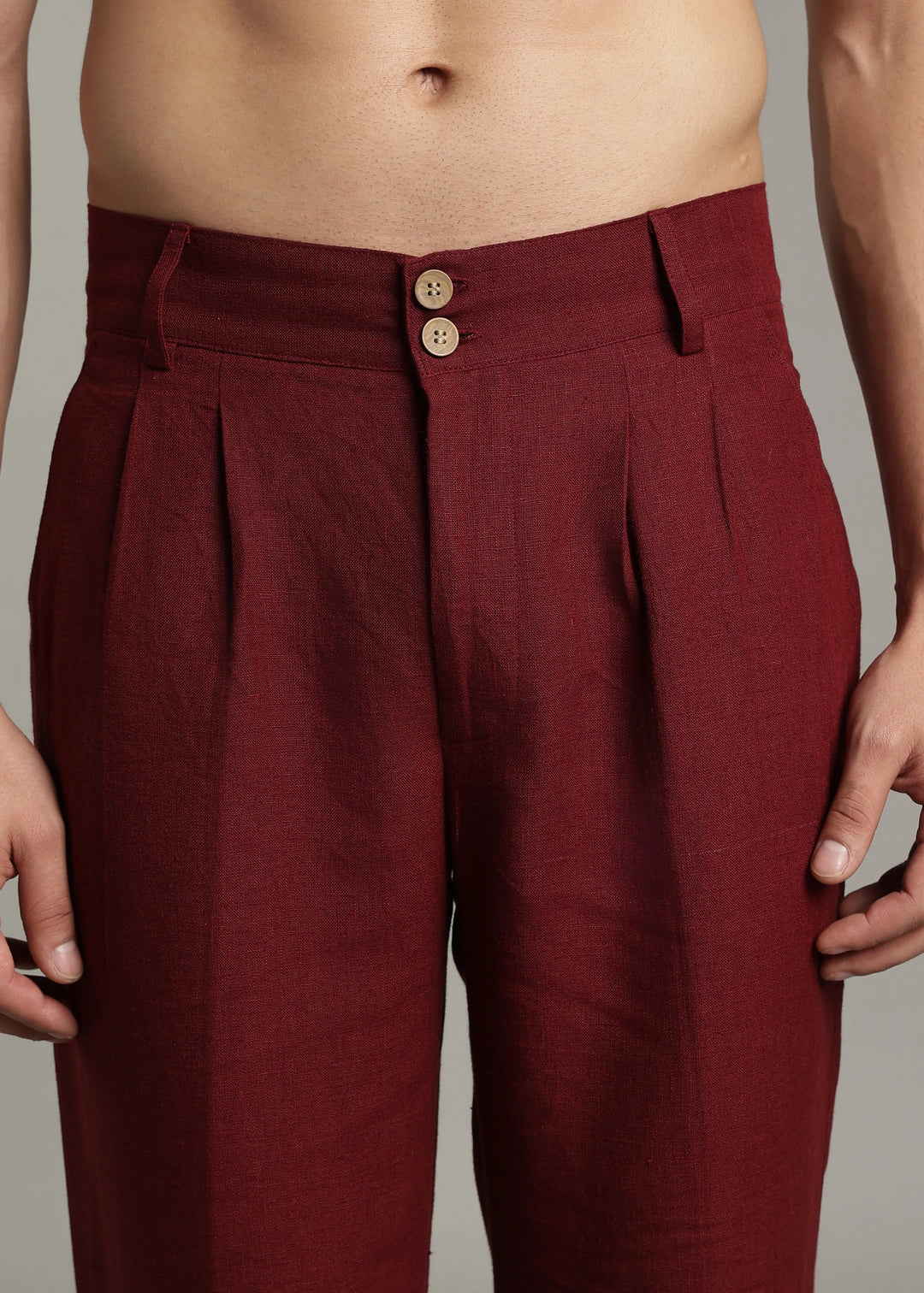 Ashford - Pure Linen Double Pleated High Waisted Trousers - Dark Maroon
