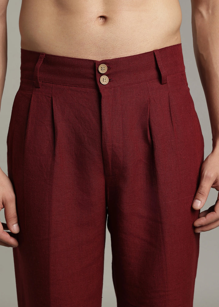 Ashford - Pure Linen Double Pleated High Waisted Trousers - Dark Maroon