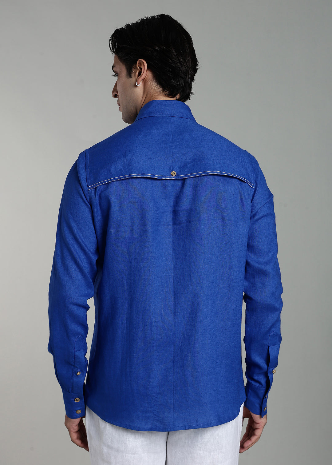 Nemo - Pure Linen Full Sleeve Shirt with False Flap Yoke and White Stitching Detailing - Egyptian Blue