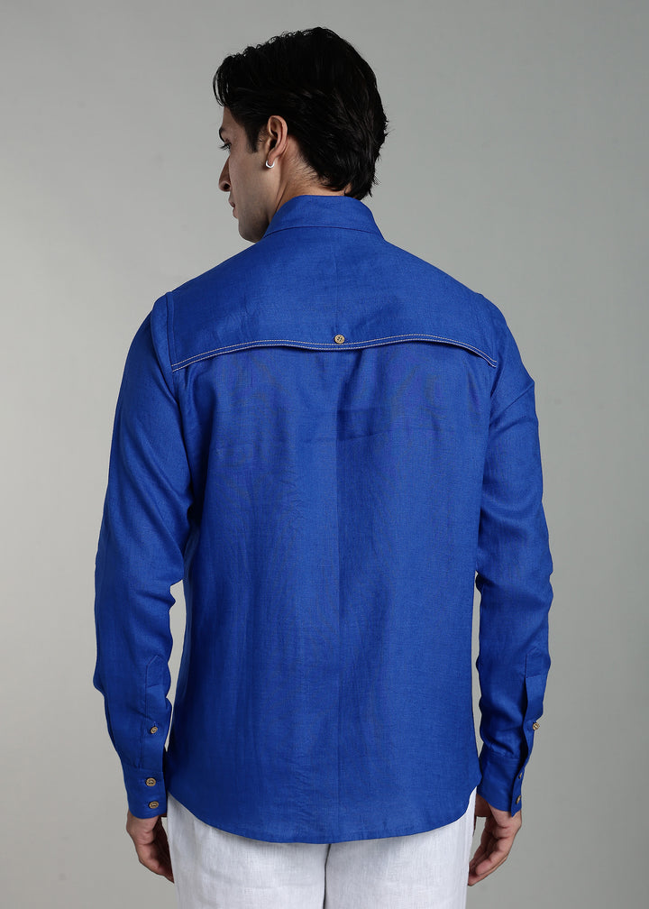 Nemo - Pure Linen Full Sleeve Shirt with False Flap Yoke and White Stitching Detailing - Egyptian Blue
