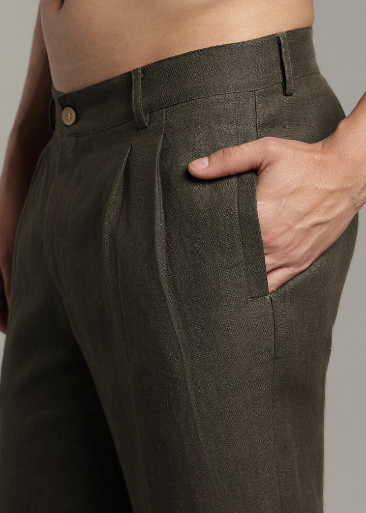 Calvin - Pure Linen Double Pleated Trousers - Camo Green
