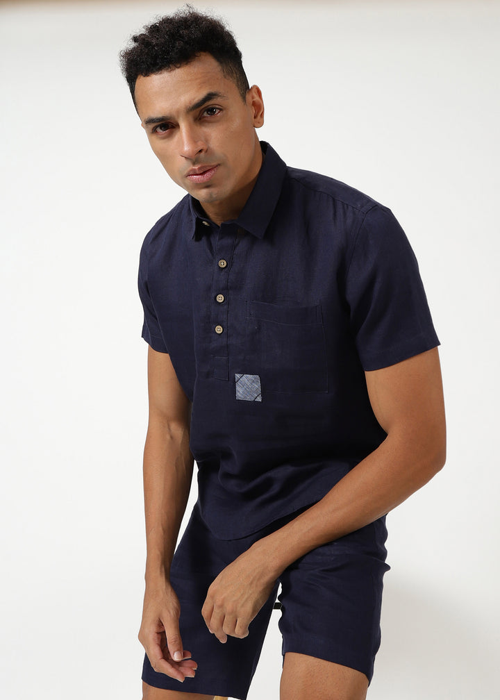 Matteo Pure Linen T-Shirt - Dark Blue