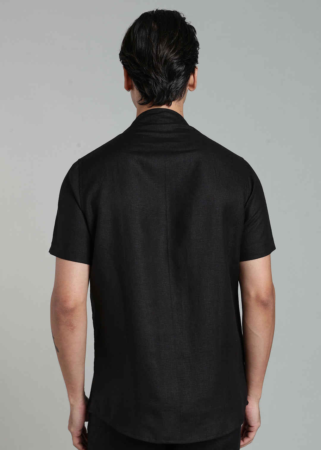 Void - Pure Linen Collarless Half Sleeve Shirt – Black