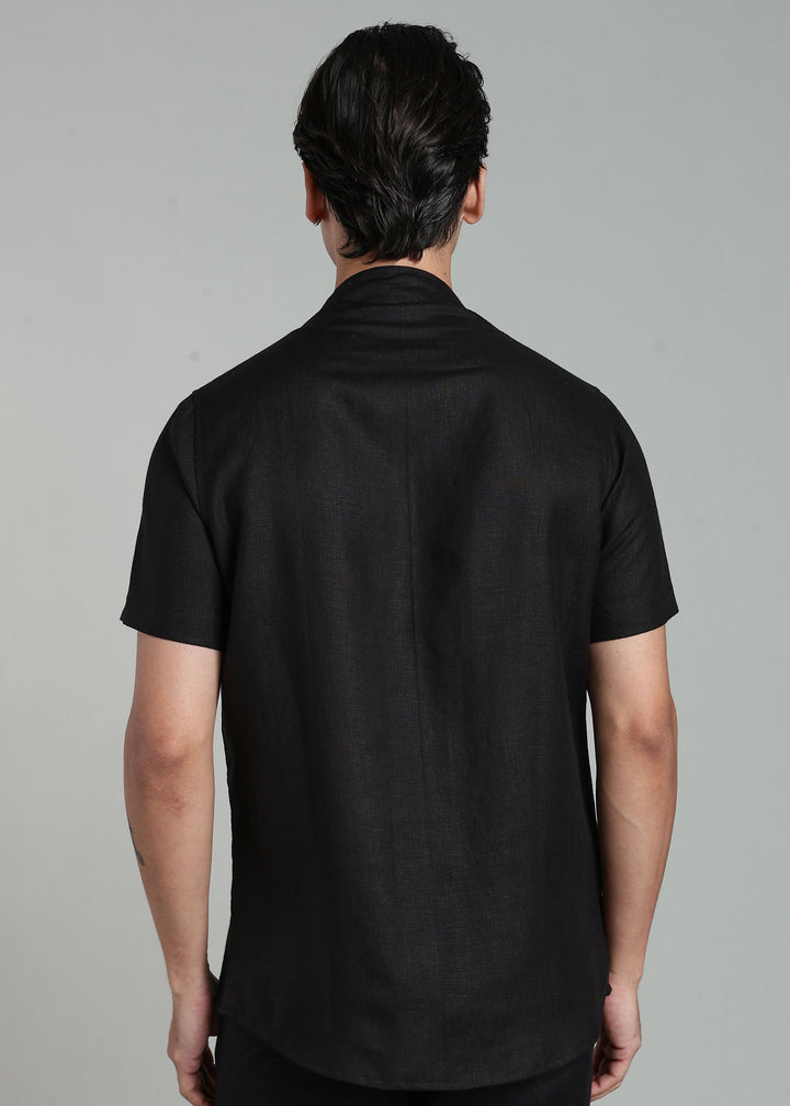 Void - Pure Linen Collarless Half Sleeve Shirt – Black