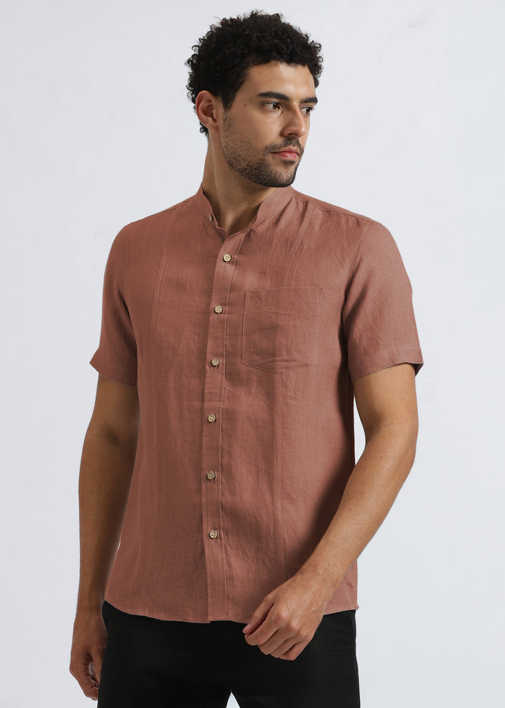 Trevor - Pure Linen Mandarin Collar Half Sleeve Shirt - Fondue Pink