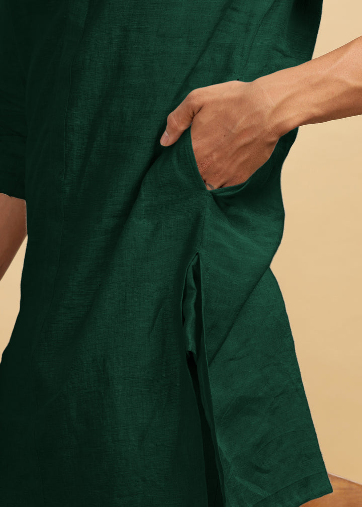 Sid Kurta - Pure Linen Kurta with Concealed Placket | Dark Pine Green