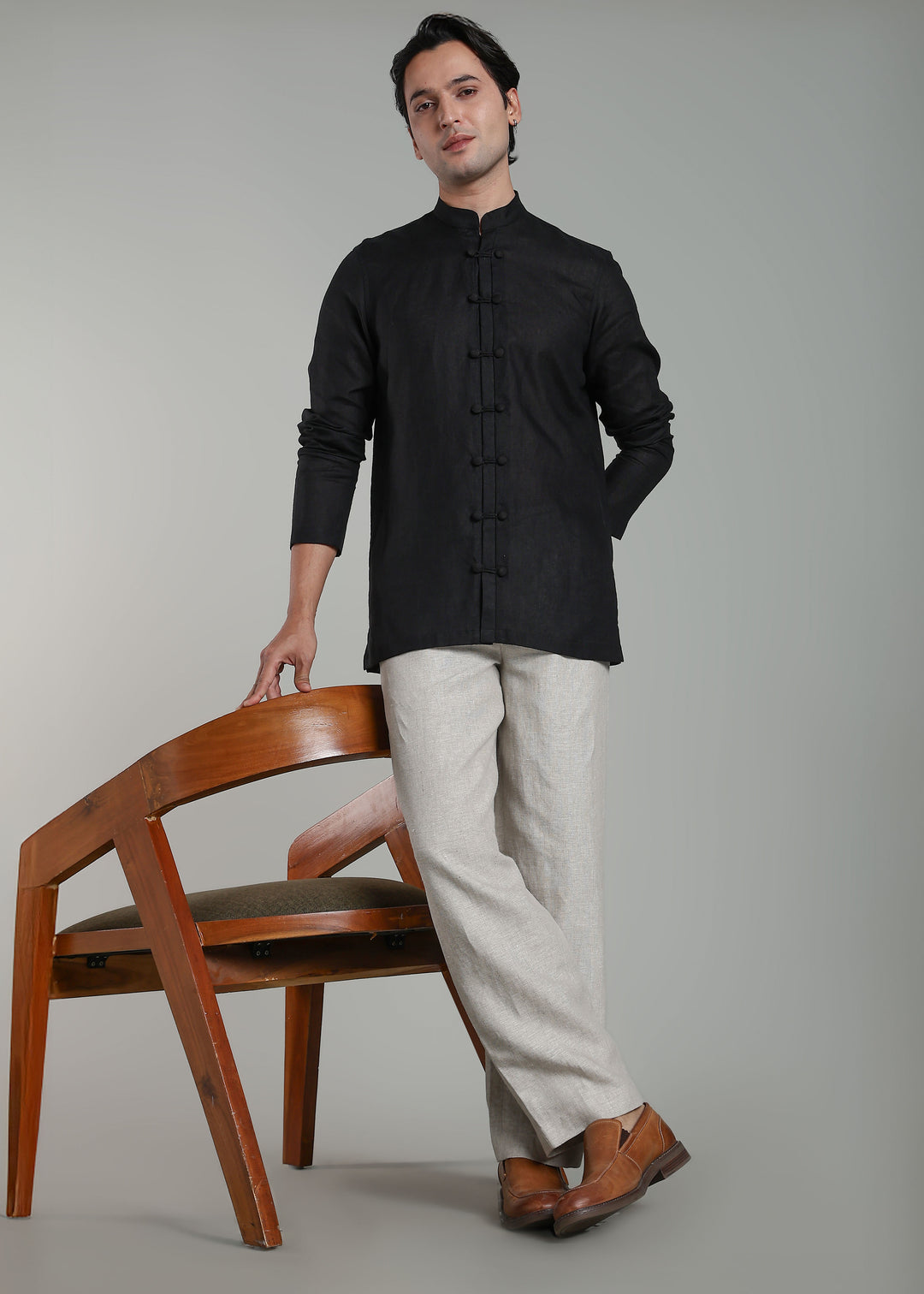 Advik - Pure Linen Short Kurta with Double Button and Loop Closure - Black