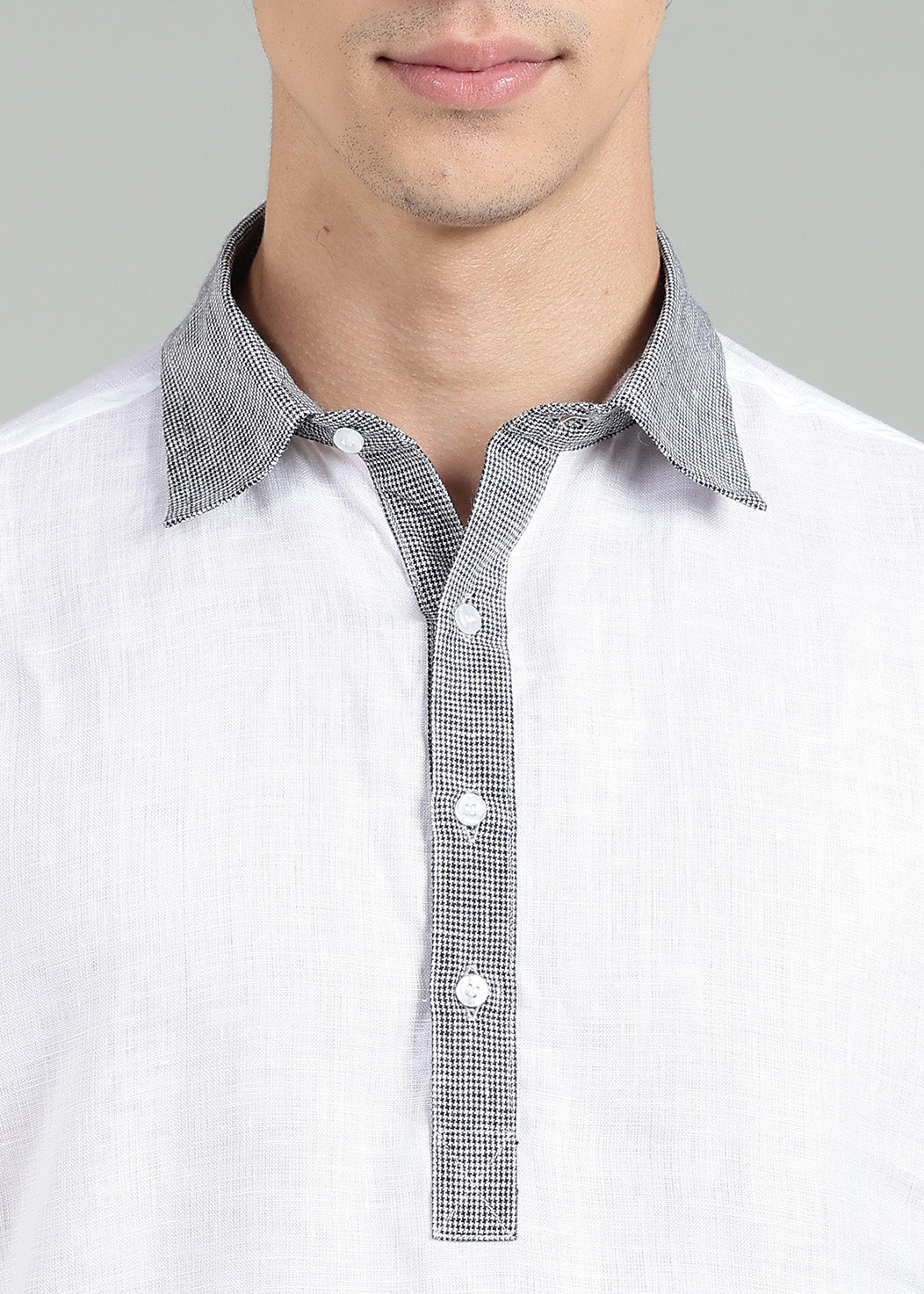 Fred - Pure Linen Polo T-Shirt - Black Houndstooth & White
