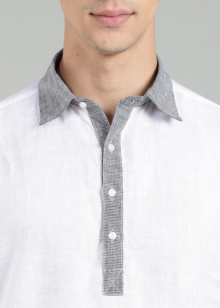 Fred - Pure Linen Polo T-Shirt - Black Houndstooth & White