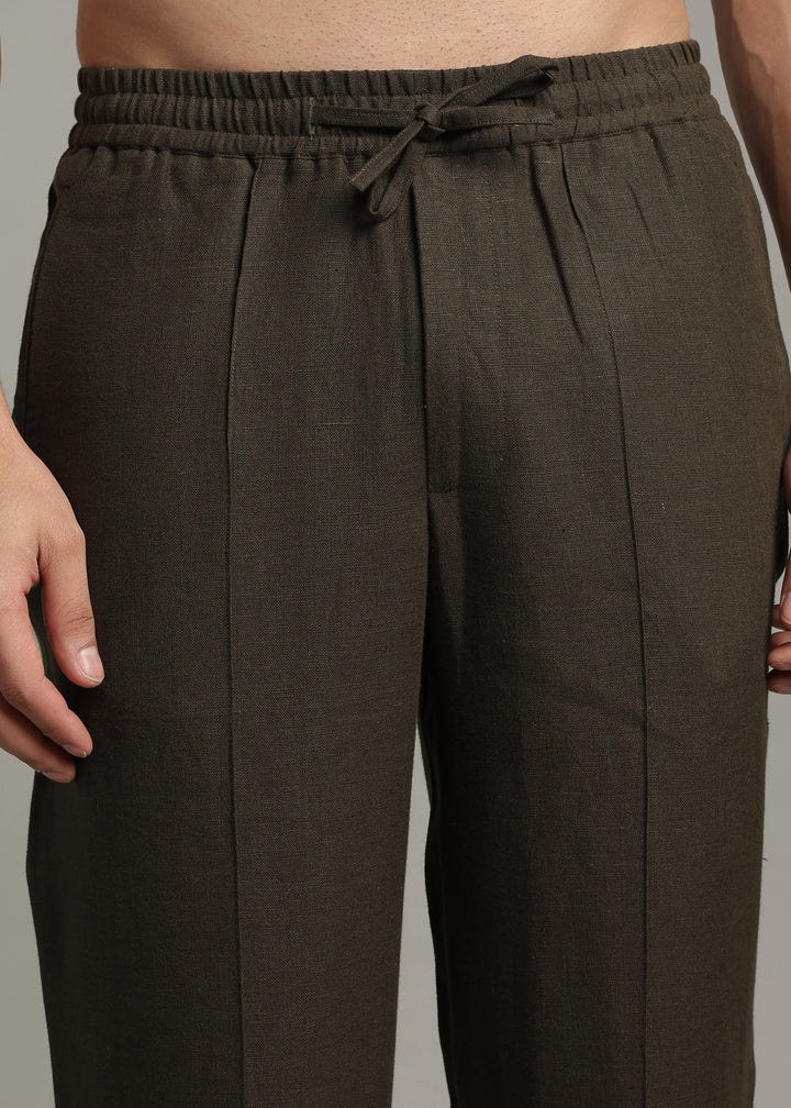 Art Pants - Pure Linen Elastic Casual Pants with Drawstrings - Camo Green