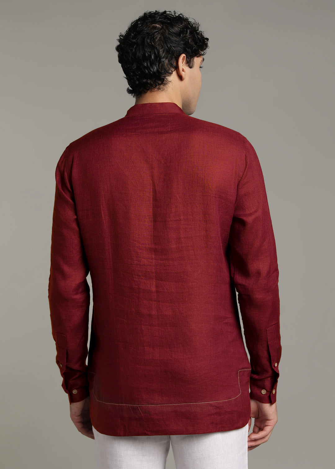 Saif - Pure Linen Full Sleeve Short Kurta with Hem Stitch Detail - Red Wine