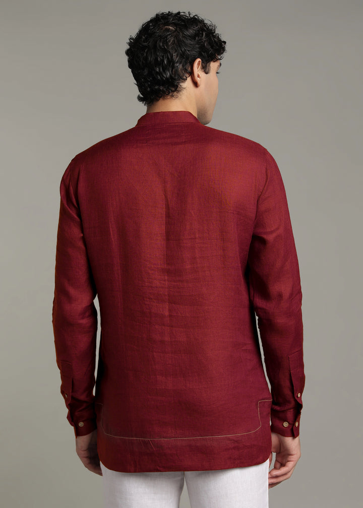 Saif - Pure Linen Full Sleeve Short Kurta with Hem Stitch Detail - Red Wine