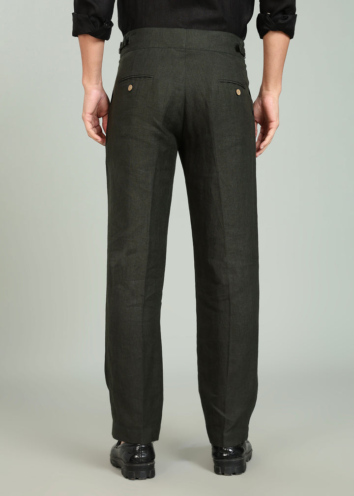 Wes Pants - Pure Linen Pleated Trousers with Adjustable Waistband - Dark Green