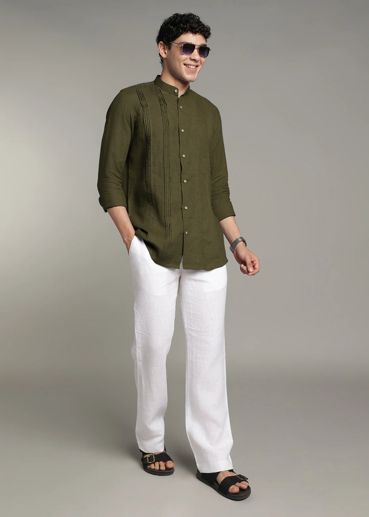 Archer - Pure Linen Mandarin Collar Pleat Detail Full Sleeve Shirt - Moss Green