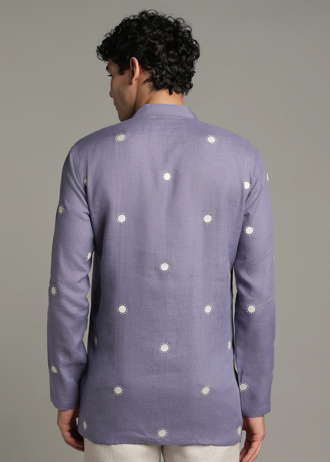 Dot - Pure Linen Embroidered Full Sleeve Short Kurta - Lavender Violet