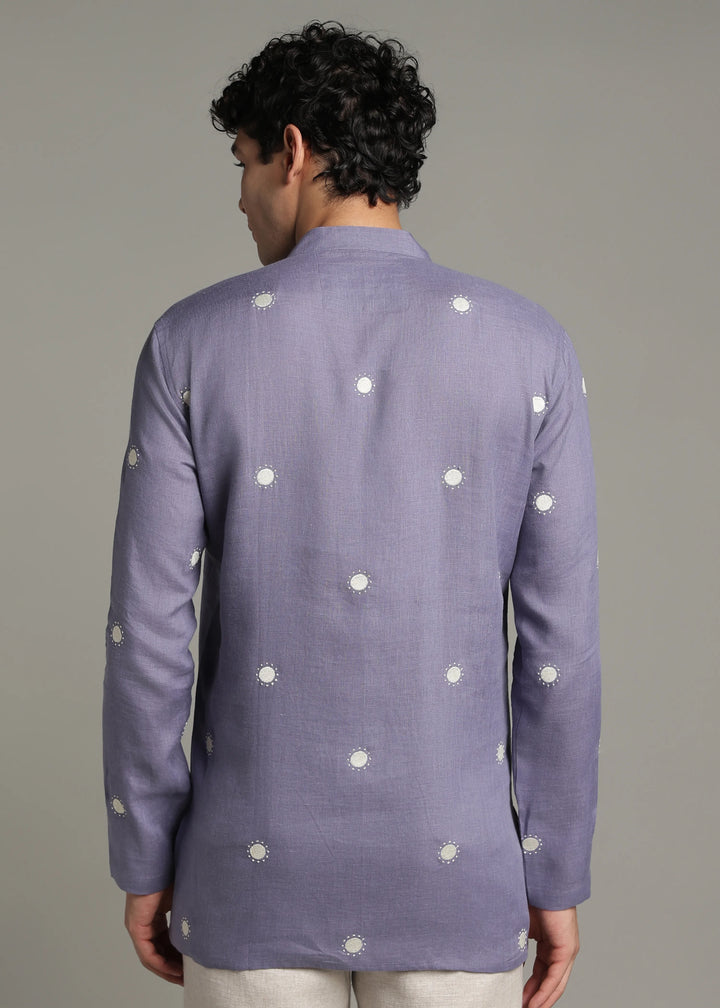 Dot - Pure Linen Embroidered Full Sleeve Short Kurta - Lavender Violet