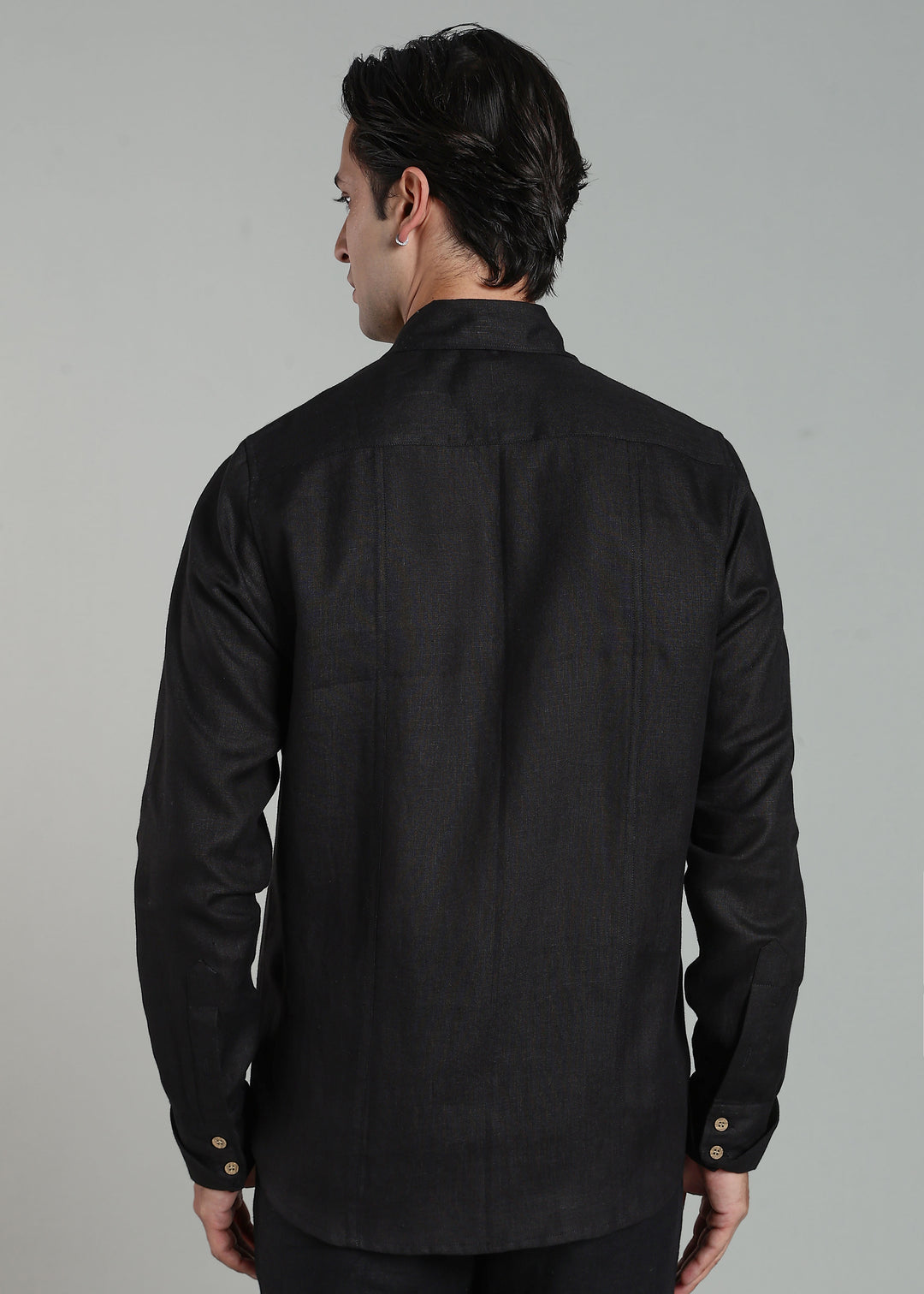 Caelyx - Pure Linen Full-Sleeve Shirt with Foldable Cuff Detail - Black