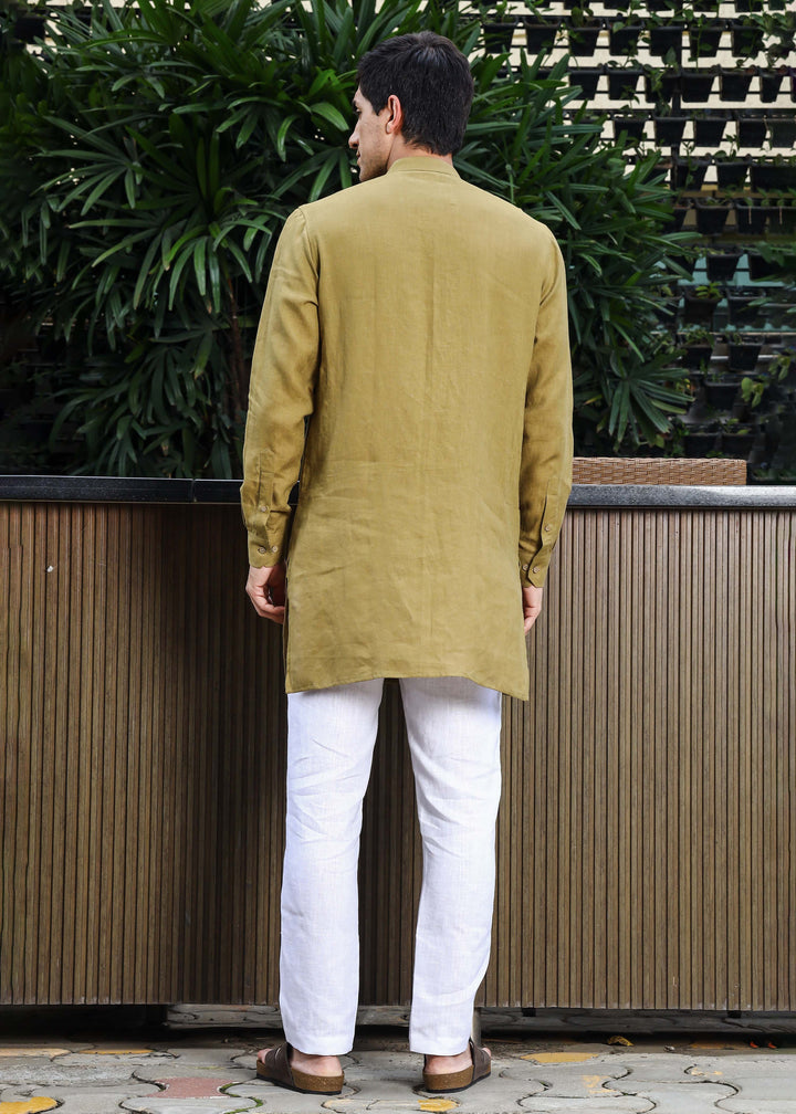 Yash Kurta - Pure Linen Kurta with Floral Embroidery | Golden Olive Green