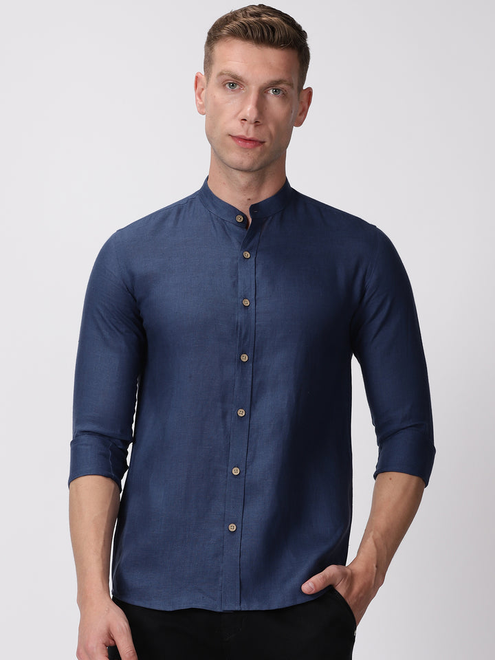 Ronan - Pure Linen Mandarin Collar Full Sleeve Shirt - Denim Blue
