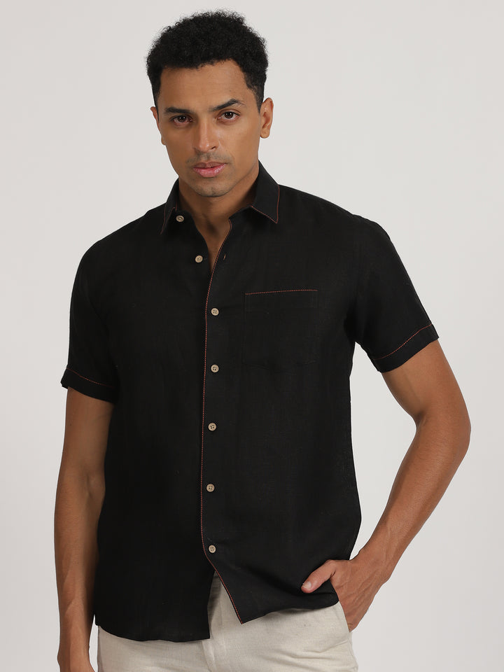 Peter - Pure Linen Stitch Detailed Half Sleeve Shirt - Black