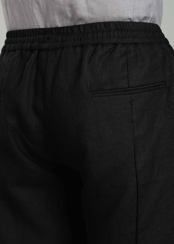 Art Pants - Pure Linen Elastic Casual Pants with Drawstrings - Black