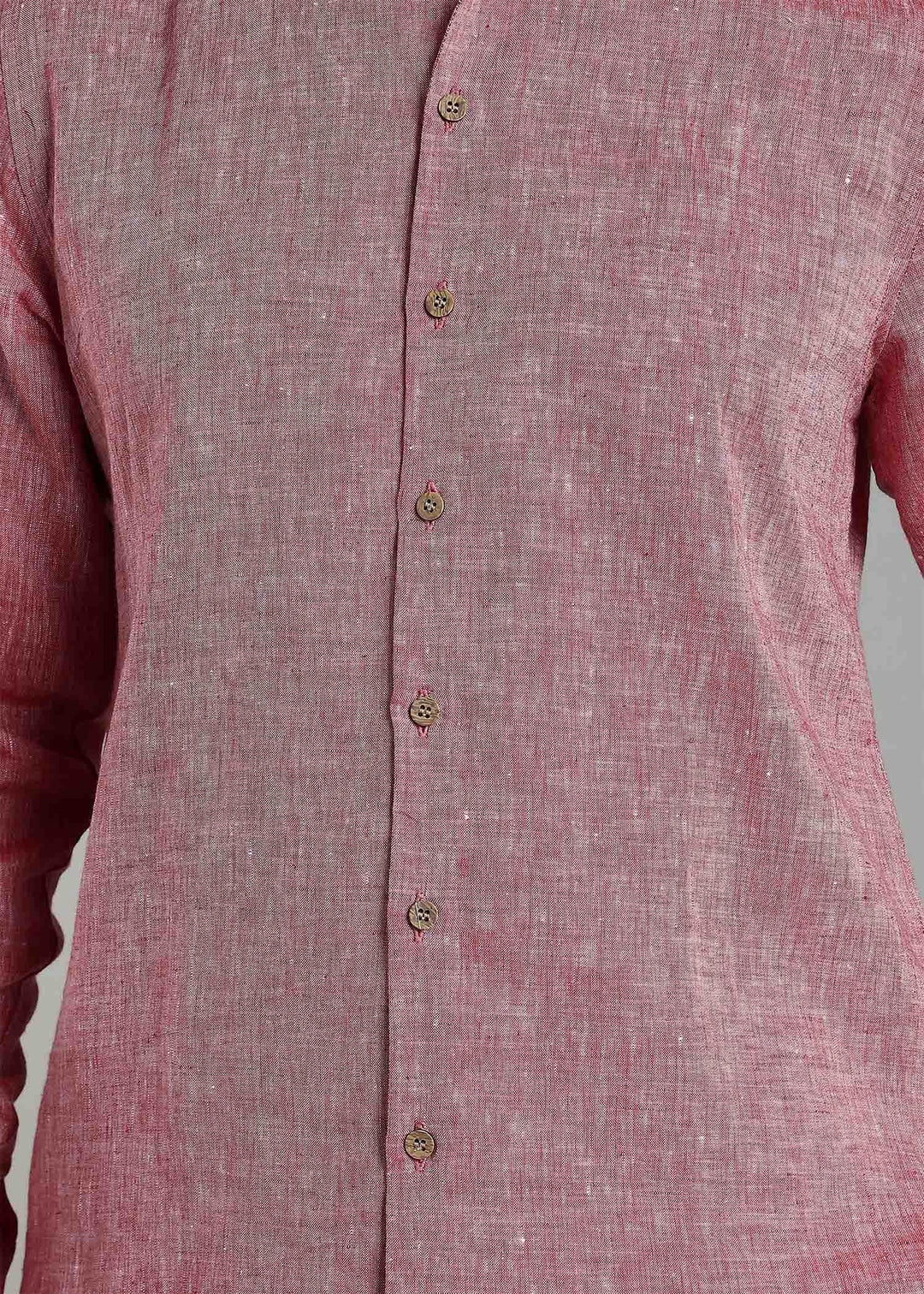 Zeke - Pure Linen Shirt with Back Box Pleat & Button Detail - Red Chambray