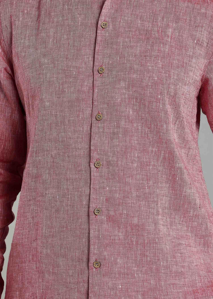 Zeke - Pure Linen Shirt with Back Box Pleat & Button Detail - Red Chambray