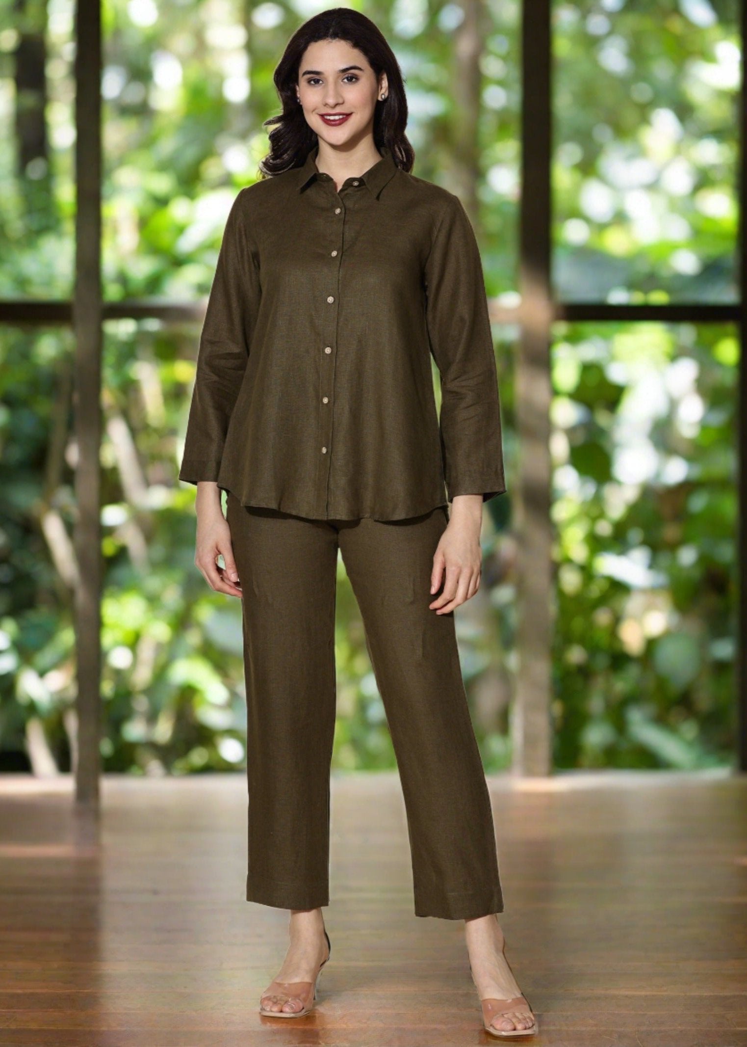 Ivy - Pure Linen Full Sleeve Women's Co-ord Set - Moss Green