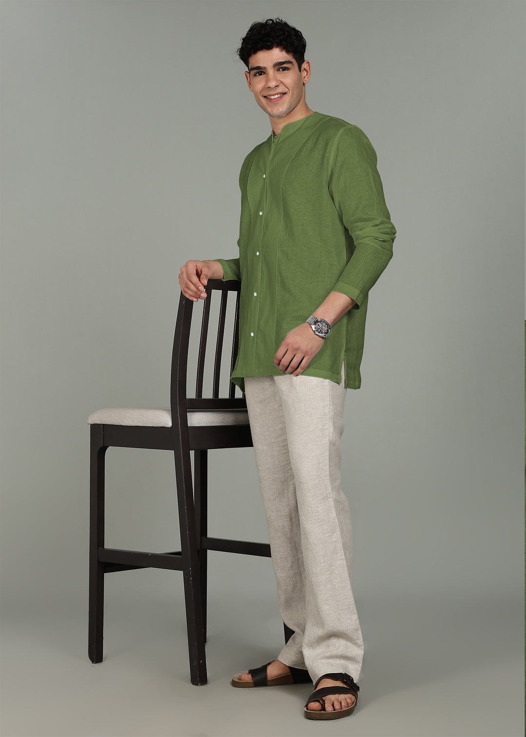 Neev - Full Sleeve Pure Linen Short Kurta - Cossack Green