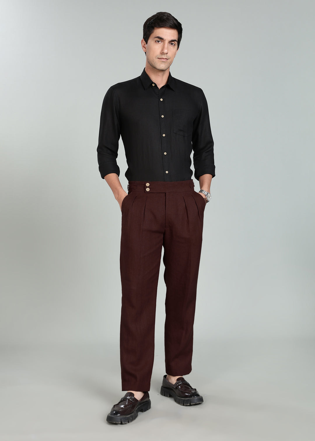 Wes Pants - Pure Linen Pleated Trousers with Adjustable Waistband - Cocoa Brown
