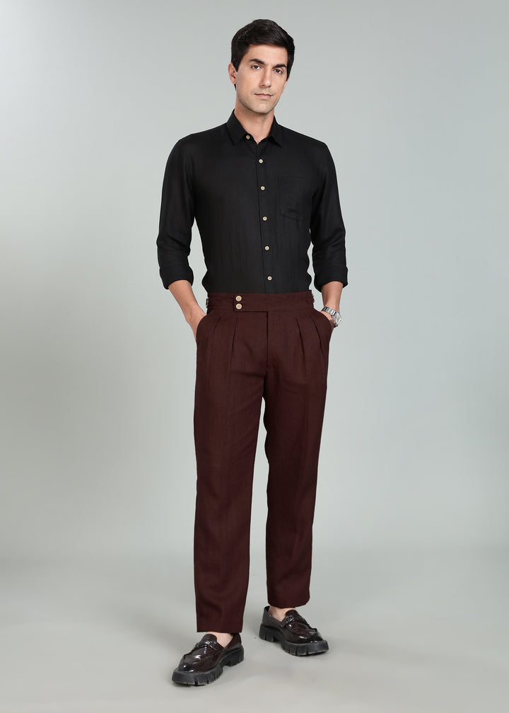 Wes Pants - Pure Linen Pleated Trousers with Adjustable Waistband - Cocoa Brown