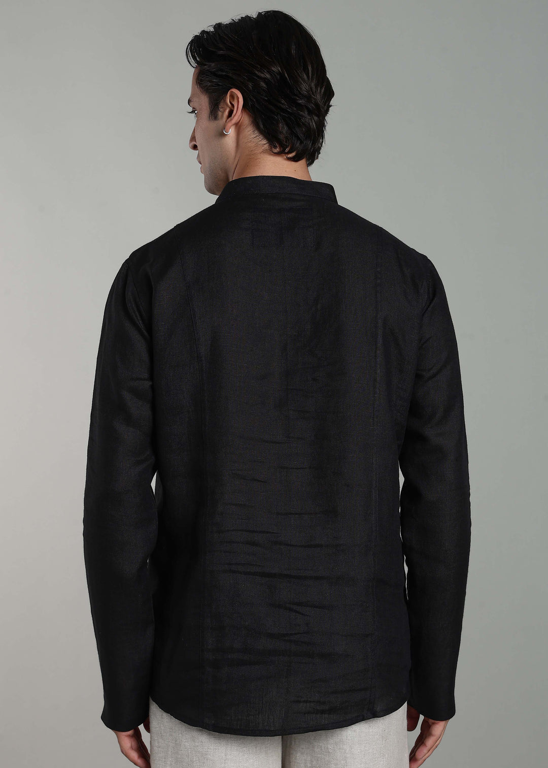 Kiaan - Pure Linen Short Kurta with Neck Tie Detail - Black