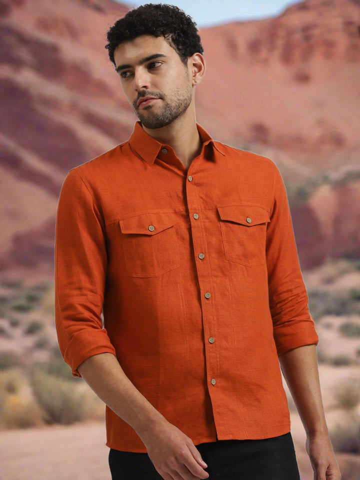Thomas - Men's Pure Linen Double Pocket Full Sleeve Shirt - Rust