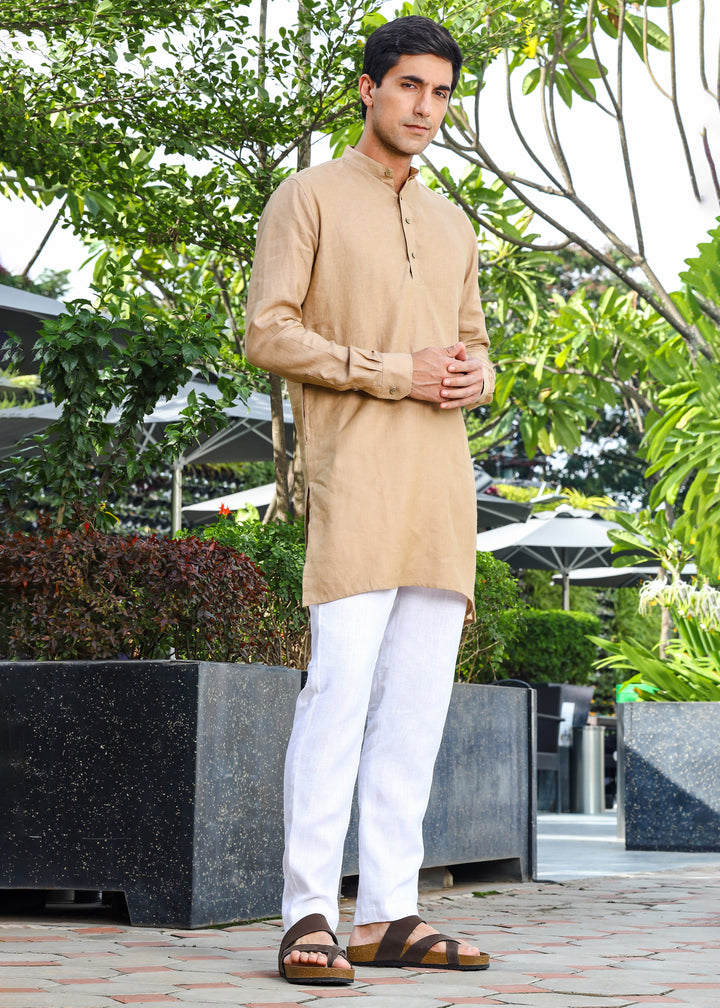 Parker - Full Sleeve Mandarin Collar Pure Linen Kurta - Oakwood Brown