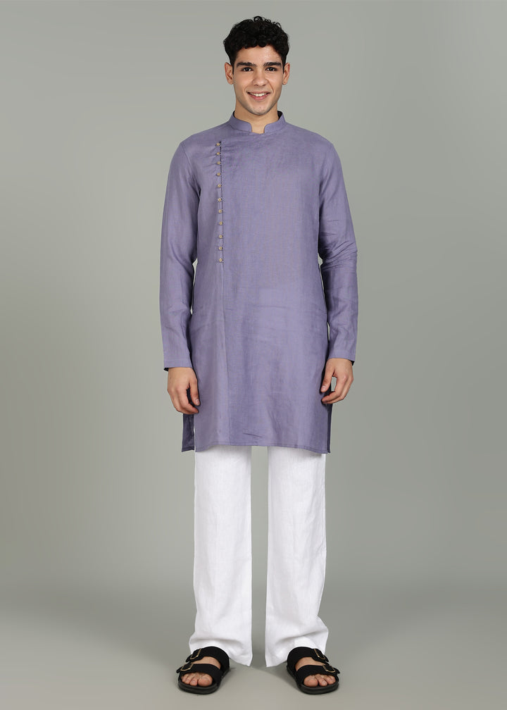 Vian Kurta Set - Pure Linen Full Sleeve Band Collar and White Kurta Pants- Lavender Violet & White