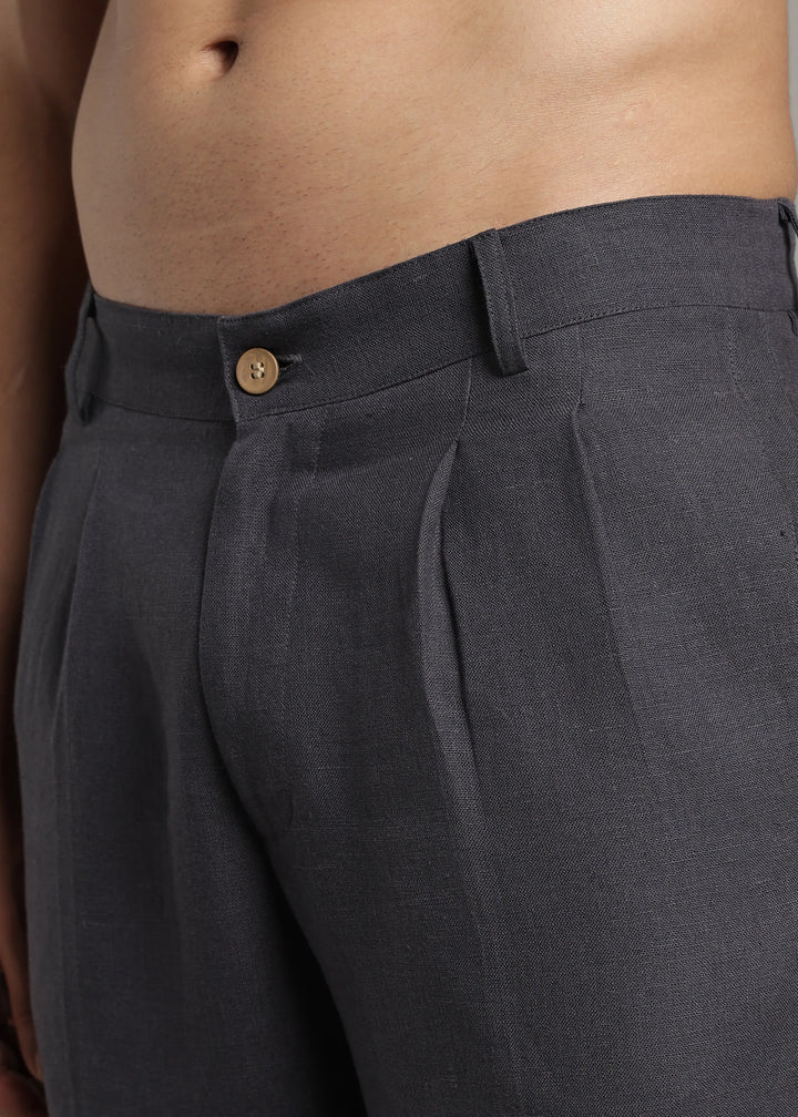 Calvin - Pure Linen Double Pleated Trousers - Seal Grey