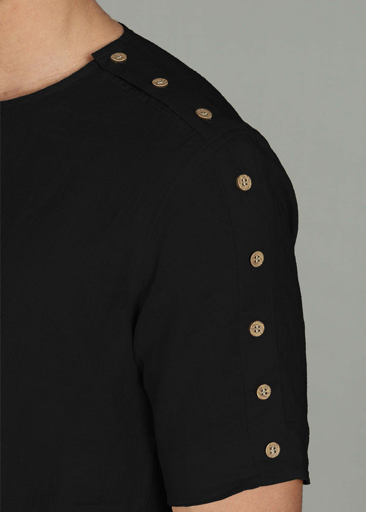 Arden - Pure Linen Button Detail T-Shirt - Black