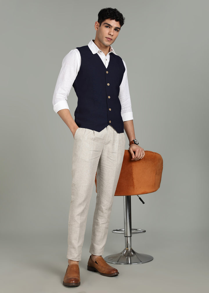 Clyde Pure Linen Waist Coat - Dark Blue
