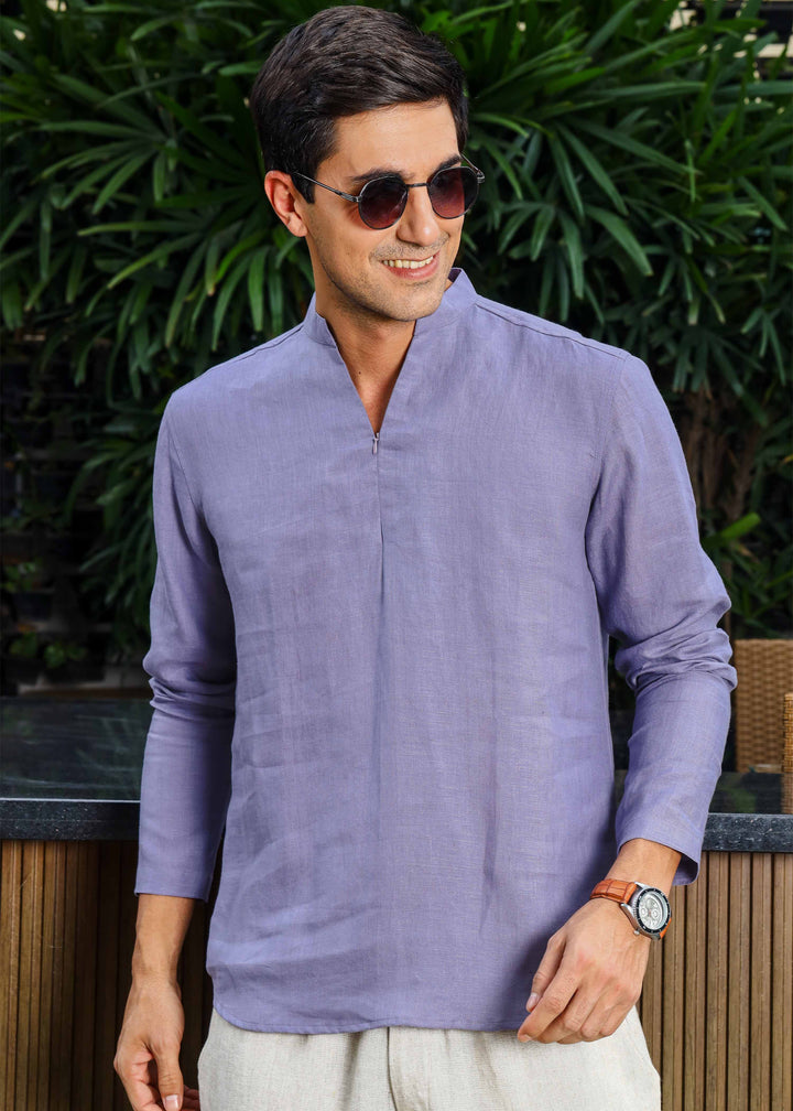 Arnav - Full Sleeve Broad-Notched Collar Pure Linen Short Kurta - Lavender Violet