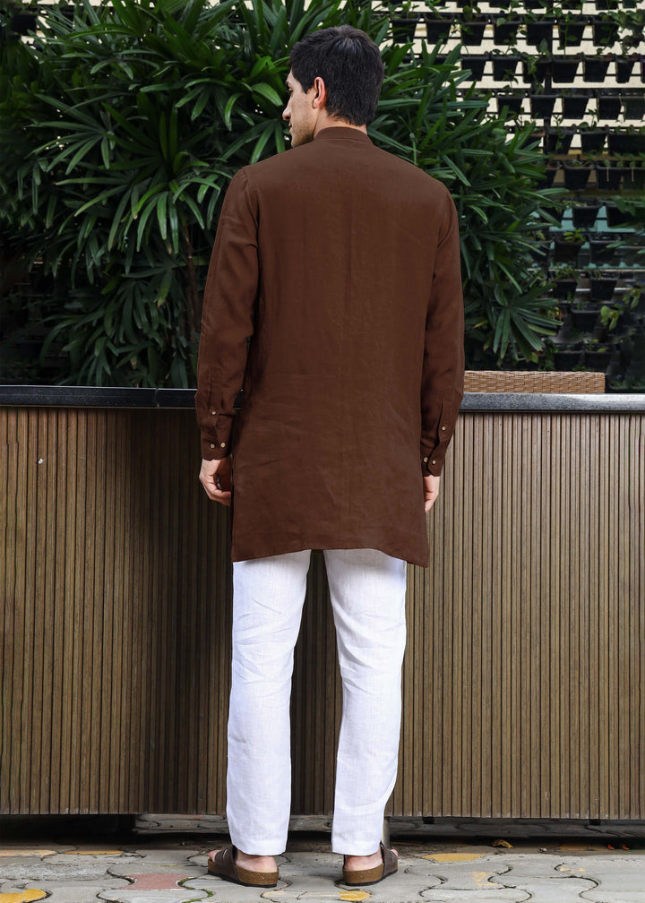 Yash Kurta - Pure Linen Kurta with Floral Embroidery | Coffee Brown