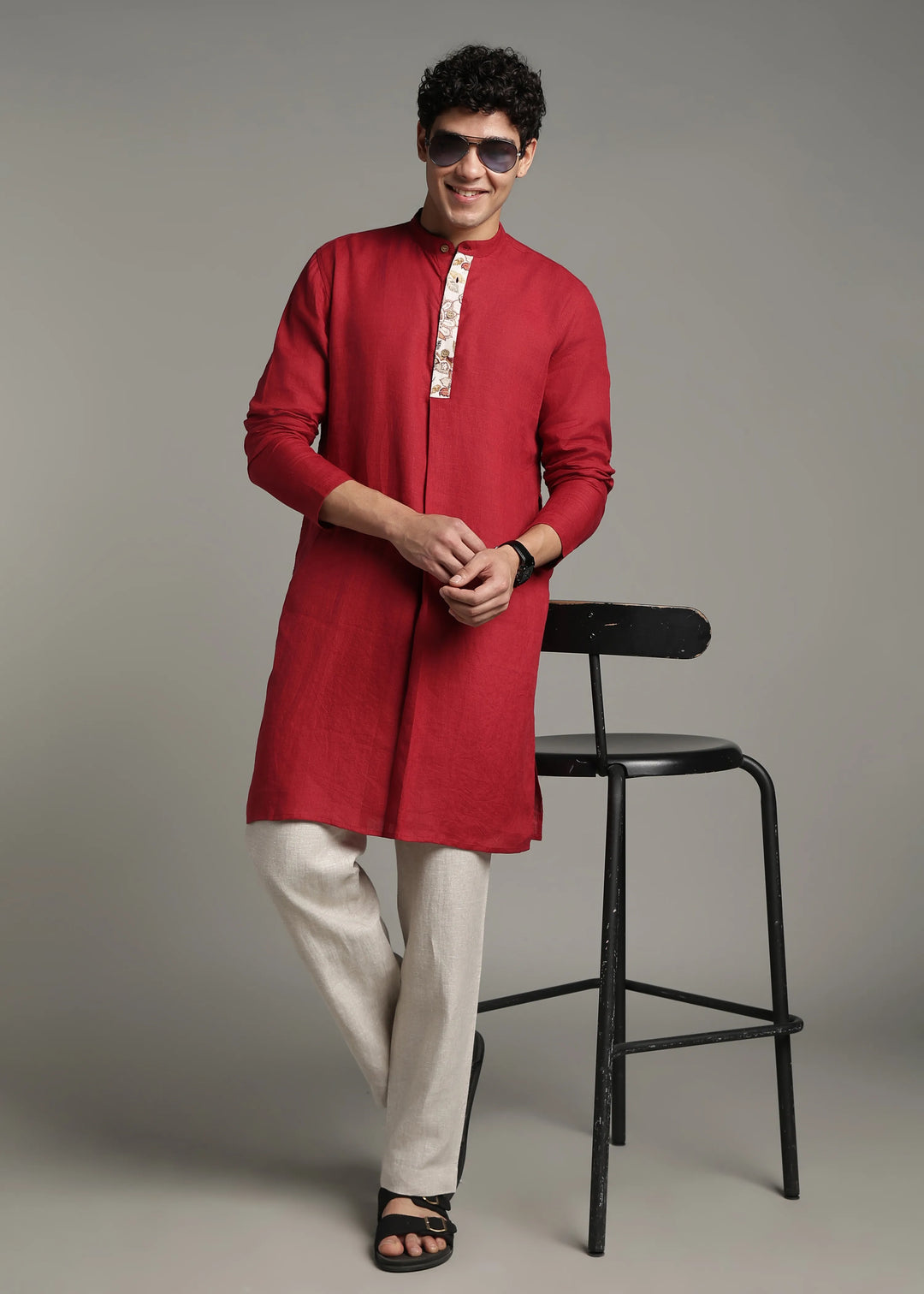 Vansh - Pure Linen Regular Kurta with Printed Placket detail - Mud Red